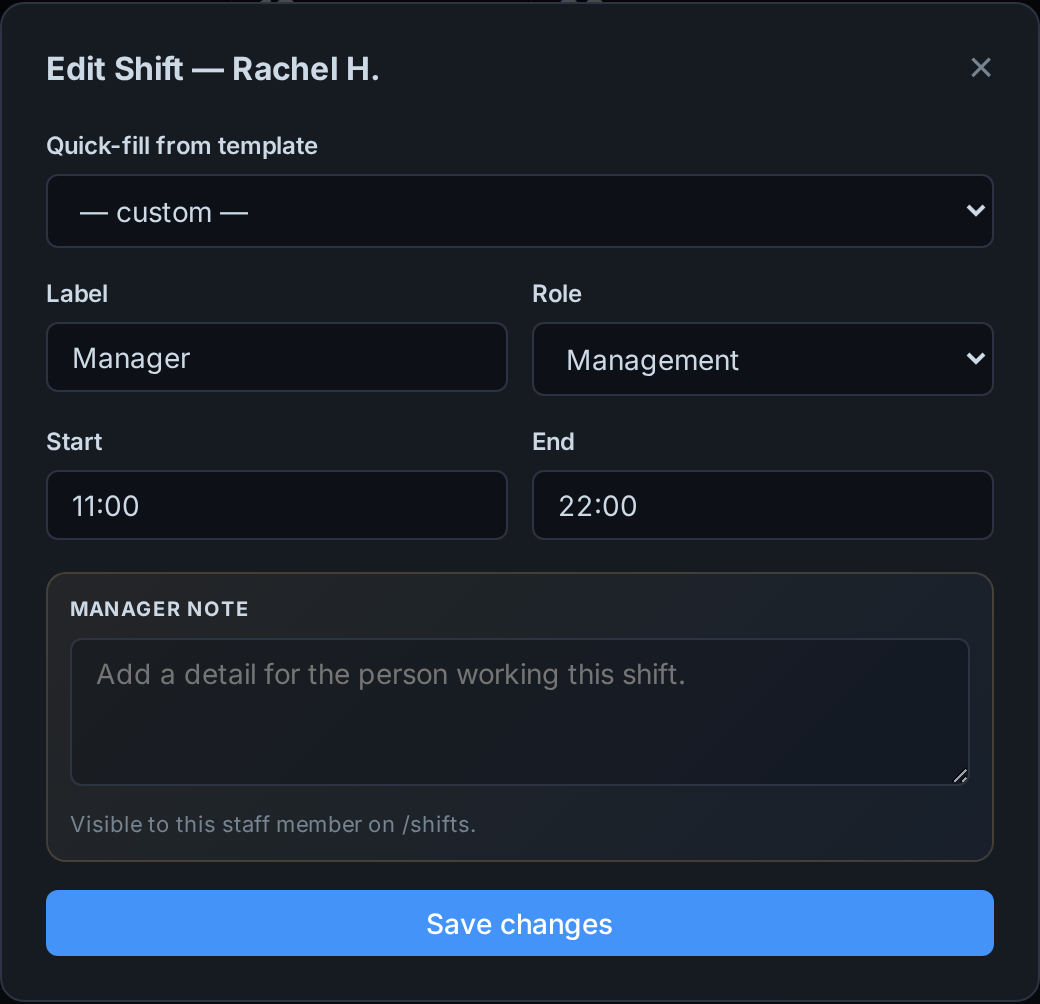 Editing shift times