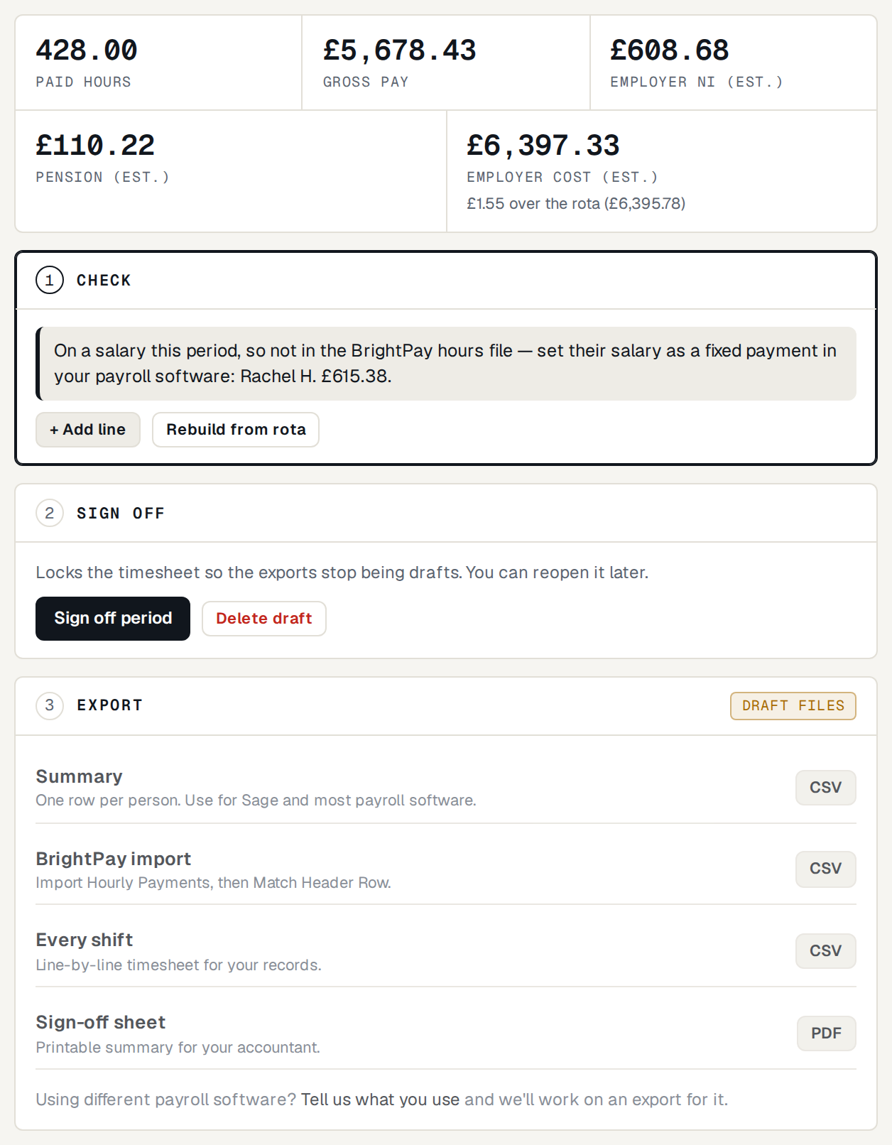 A pay period in Rota Done: totals, then check, sign off and export for payroll software