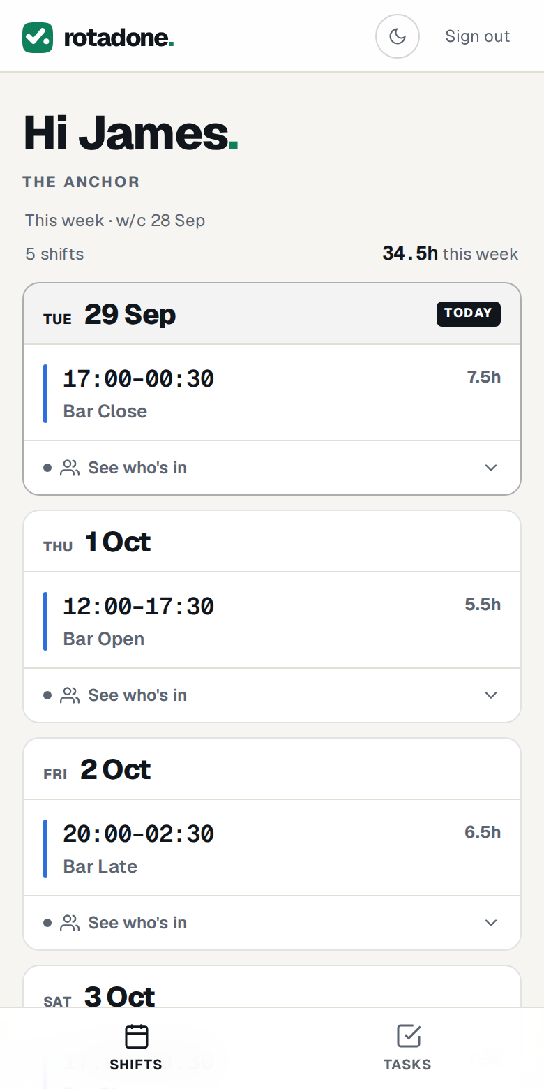 A staff member's shifts on their phone in Rota Done