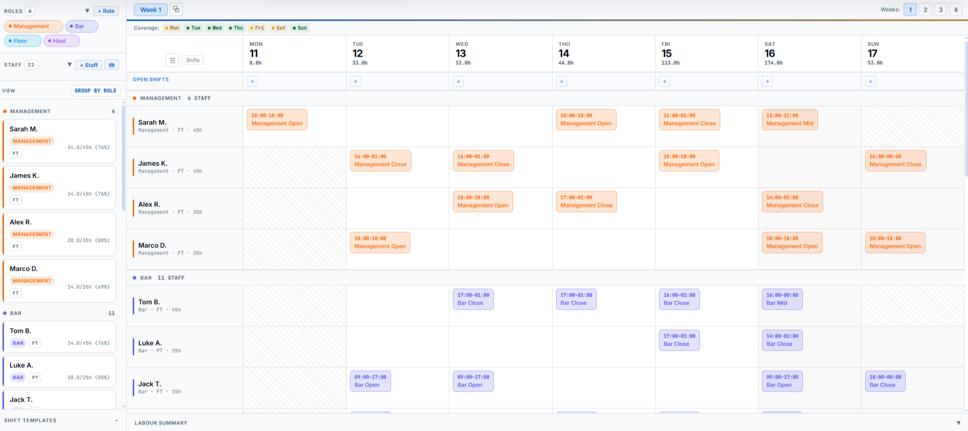 Rota Done rota editor — full solved week, light mode